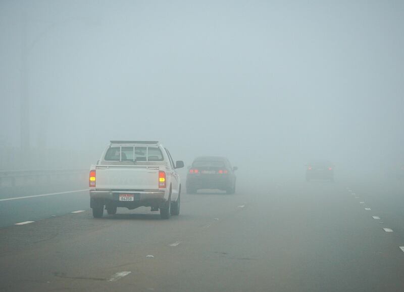 Abu Dhabi, United Arab Emirates, February 5, 2021.  Foggy morning along the E11 Highway entering central Abu Dhabi.
Victor Besa/The National
Section:  NA/Weather