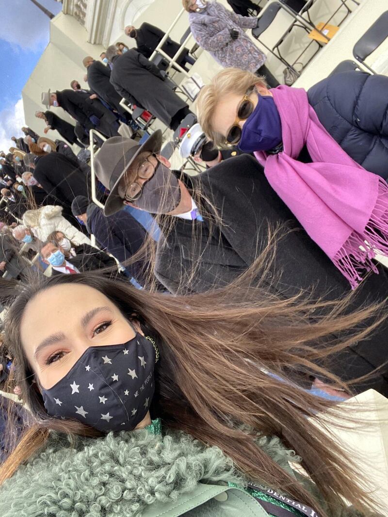 Meena Harris, the niece of Vice President-elect Kamala Harris, takes a group selfie with Senator Elizabeth Warren and her husband Bruce Mann. Twitter/ @meenaharris