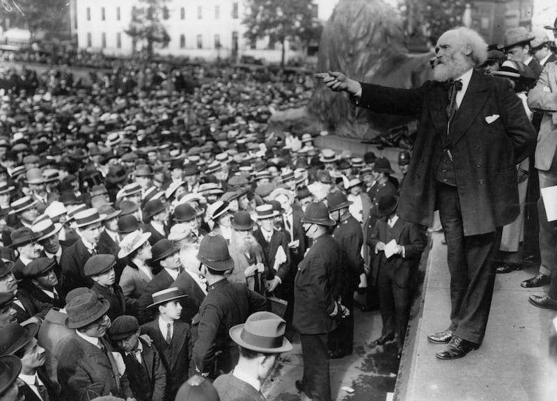Scottish Labour politician James Keir Hardie addressing a peace meeting in Trafalgar Square, London, in 1914