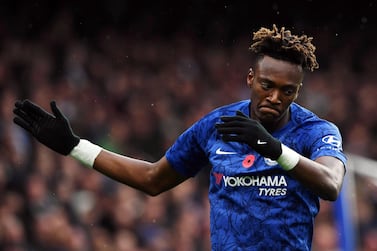 epa07983608 Chelsea's Tammy Abraham reacts after scoring the 1-0 lead during the English Premier League soccer match between Chelsea FC and Crystal Palace at Stamford Bridge in London, Britain, 09 November 2019. EPA/NEIL HALL EDITORIAL USE ONLY. No use with unauthorized audio, video, data, fixture lists, club/league logos or 'live' services. Online in-match use limited to 120 images, no video emulation. No use in betting, games or single club/league/player publications