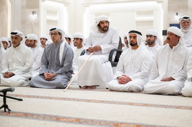 Sheikh Mansour, Sheikh Saif and other senior officials at Sheikh Hazza bin Sultan Al Nahyan Mosque. Omar Askar / UAE Presidential Court