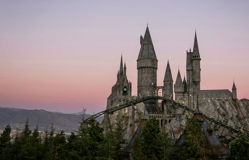 Hogwarts castle, with a view of Flight of the Hippogriff, Universal Studios Hollywood’s first outdoor roller coaster. Photo: Universal Studios 