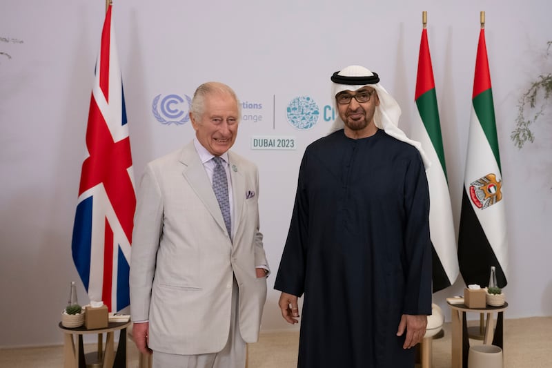 President Sheikh Mohamed meets King Charles III at Expo City Dubai during the Cop28 summit. Presidential Court