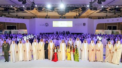 Sheikh Mohammed bin Rashid with the winners of The UAE Pioneers Award. Courtsey Dubai Media Office vis Twitter.