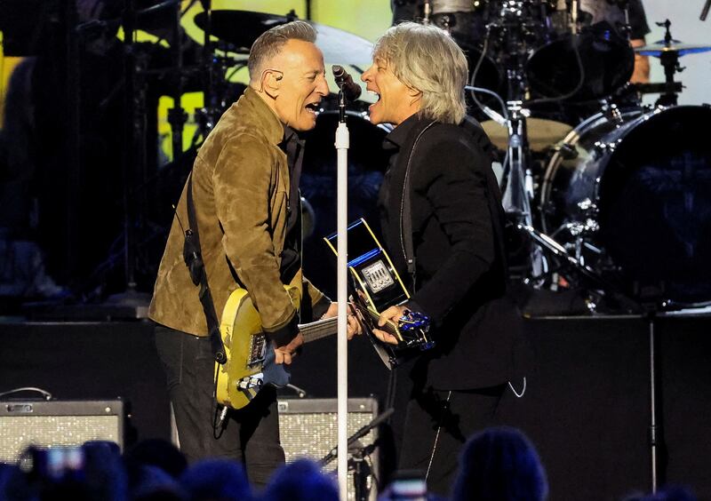 Honoree Jon Bon Jovi and Bruce Springsteen perform during the MusiCares Person of the Year Gala in Los Angeles, US. Reuters