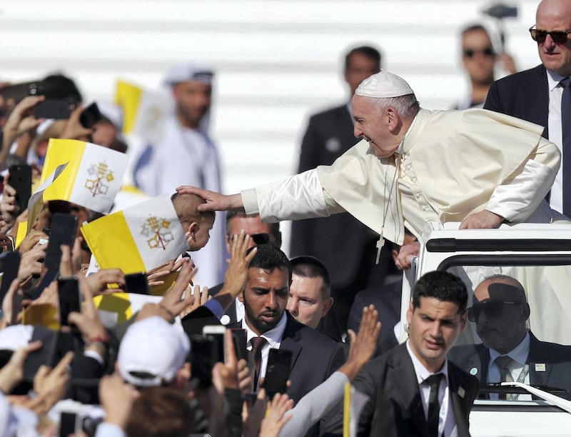 Abu Dhabi, United Arab Emirates - February 05, 2019: The Pope arrives. Pope Francis takes a large public mass to mark his land mark visit to the UAE. Tuesday the 5th of February 2019 at Zayed Sports city stadium, Abu Dhabi. Chris Whiteoak / The National