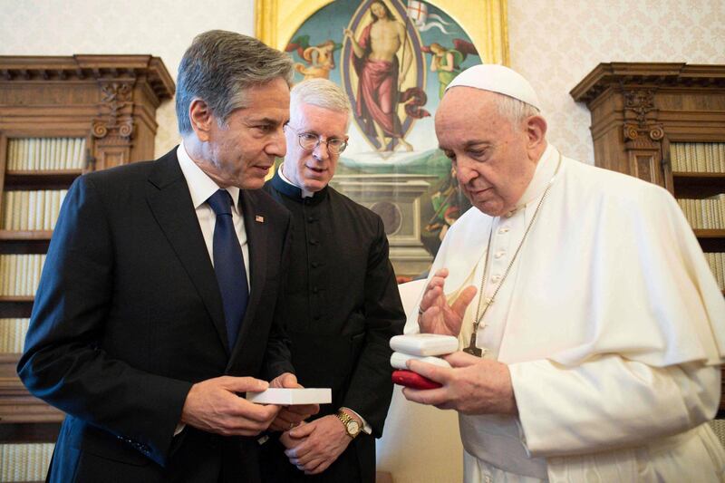 Pope Francis meeting with US Secretary of State Antony Blinken at the Vatican. AFP