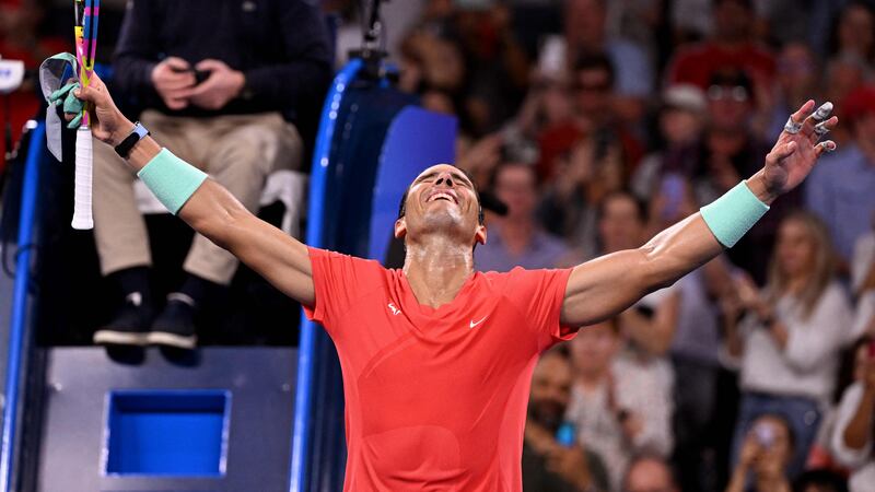 Rafael Nadal celebrates after winning his men's singles match against Dominic Thiem at the Brisbane International on January 2, 2024. AFP