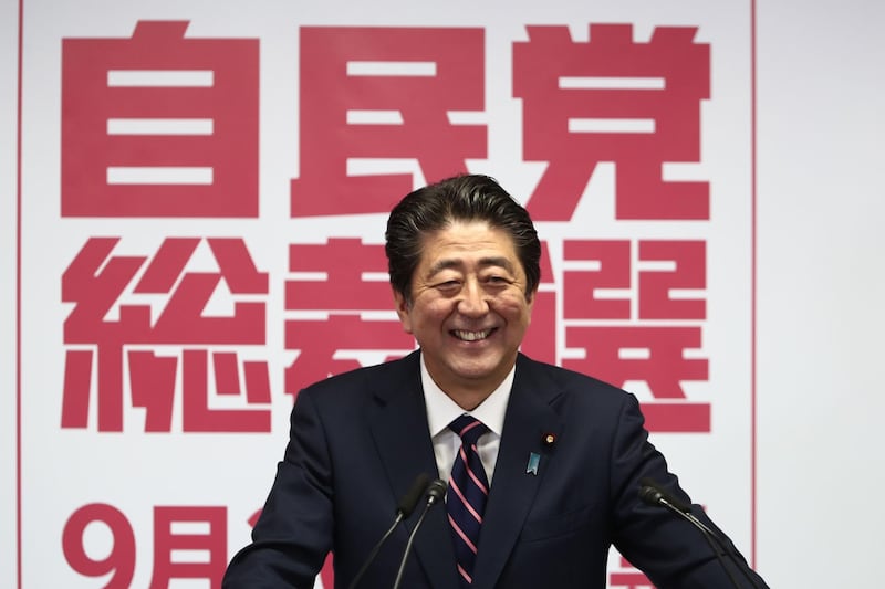 This file photo taken on September 20, 2018 shows Japan’s Prime Minister Shinzo Abe attending a press conference after winning the ruling liberal Democratic Party’s (LDP) leadership election at the party’s headquarters in Tokyo. AFP