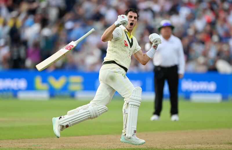 Australia's captain Pat Cummins celebrates after hitting the winning runs against England on day five of the Ashes first Test at Edgbaston on June 20, 2023. Getty