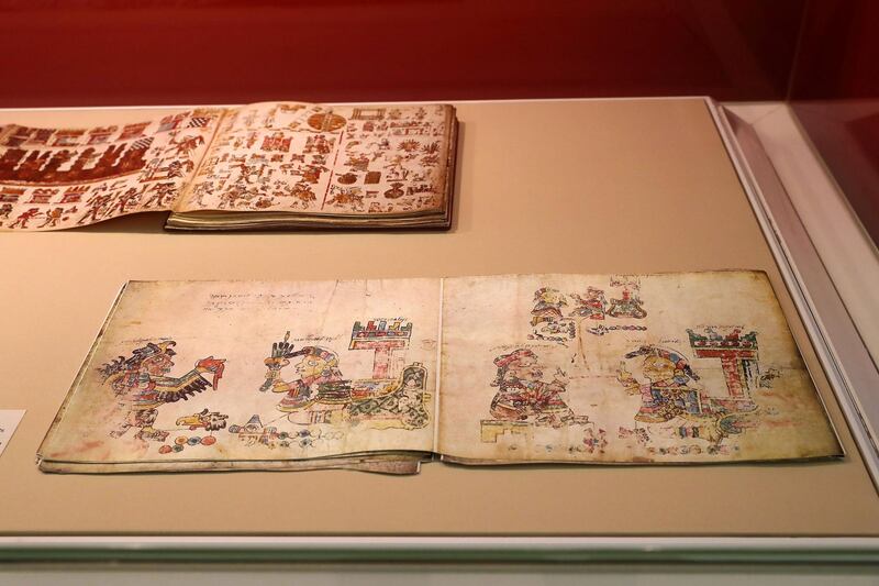 ABU DHABI ,  UNITED ARAB EMIRATES , May 13 – 2019 :- Ancient Mexican artefacts called Codices of Mexico: The Old Books of the New World on display at Qasr Al Watan Library in Abu Dhabi. This one is Codex Egerton , Facsimile of the original , Deer parchment and natural pigments. ( Pawan Singh / The National ) For Arts & Life. Story by Katy Gillett