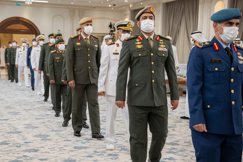 Members of the Armed Forces offer condolences on the death of Sheikh Khalifa at Al Mushrif Palace.