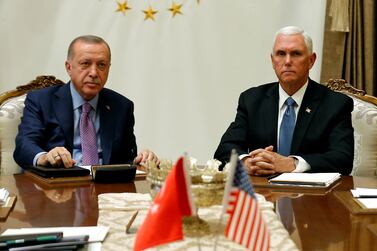 US Vice President Mike Pence meets with Turkish President Recep Tayyip Erdogan at the Presidential Palace in Ankara, Turkey. Reuters