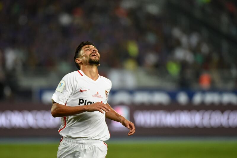 Sevilla's Jesus Navas reacts after seeing a shot saved. AFP