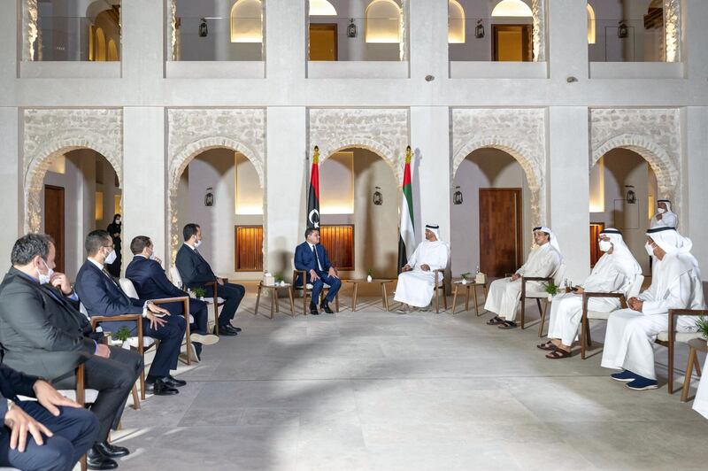 ABU DHABI, UNITED ARAB EMIRATES - April 07, 2021: HH Sheikh Mohamed bin Zayed Al Nahyan, Crown Prince of Abu Dhabi and Deputy Supreme Commander of the UAE Armed Forces (4th R) meets with HE Abdul Hamid Dbeibeh, Prime Minister of Libya (5th R), at at Qasr Al Hosn. Seen with HH Sheikh Mansour bin Zayed Al Nahyan, UAE Deputy Prime Minister and Minister of Presidential Affairs (3rd R), HE Dr Anwar bin Mohammed Gargash, Diplomatic Advisor to the UAE President (2nd R) and HE Ali Mohamed Hammad Al Shamsi, Deputy Secretary-General of the UAE Supreme National Security Council (R).

( Mohamed Al Hammadi / Ministry of Presidential Affairs )
---