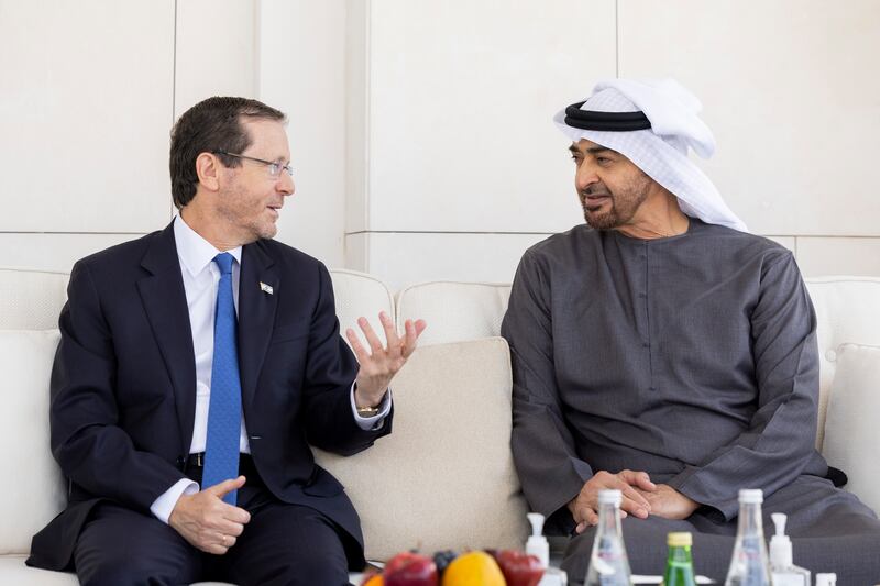 President Sheikh Mohamed with Israel's President Isaac Herzog at Shati Palace in Abu Dhabi on Monday. Photo: Presidential Court