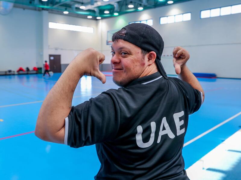 Al Ain, UAE, March 8, 2018.  UAE Special Olympics team training sessions.  Proud to be with the Bocce UAE team, Salem Alkhaili.
Victor Besa / The National
National
Reporter; Ramola Talwar