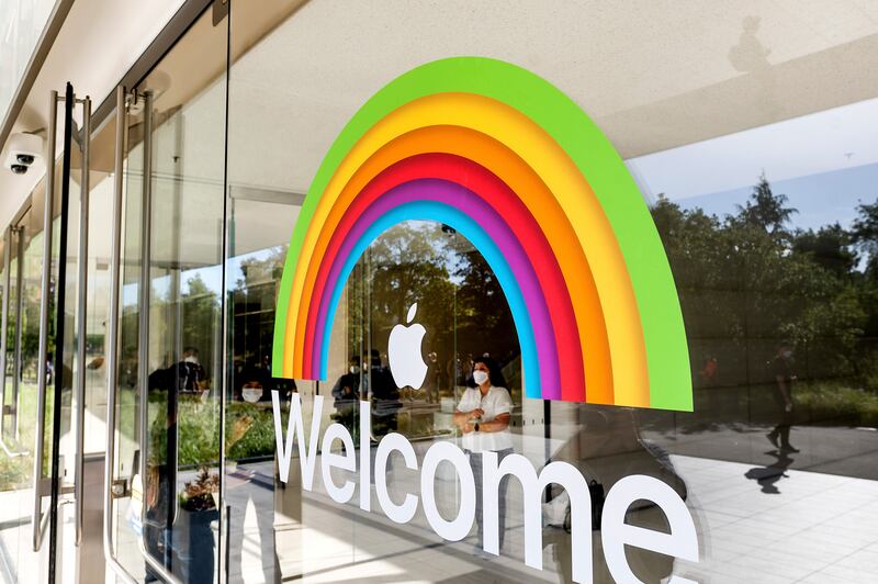 A welcome sign at the entry to Apple's headquarters in Cupertino, California, before the keynote presentation at the company's conference. AP 