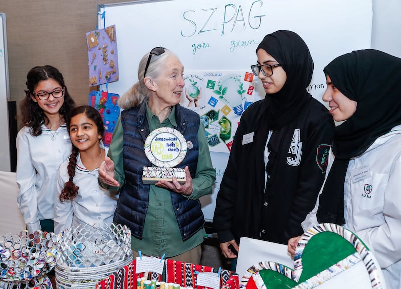 Abu Dhabi, U.A.E., January 25, 2018.   Jane Goodall recieves an environmental award plaque from the SZPAG girls.
Victor Besa / The National