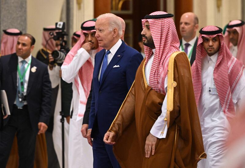 US President Joe Biden and Saudi Crown Prince Mohammed bin Salman at the GCC summit in Jeddah on Saturday. AFP