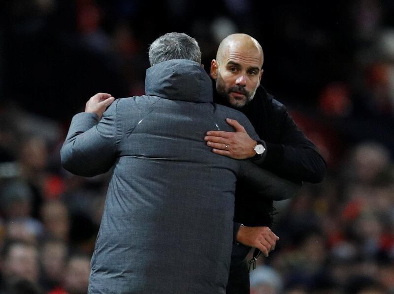 Soccer Football - Premier League - Manchester United vs Manchester City - Old Trafford, Manchester, Britain - December 10, 2017   Manchester City manager Pep Guardiola and Manchester United manager Jose Mourinho at the end of the match                     REUTERS/Darren Staples    EDITORIAL USE ONLY. No use with unauthorized audio, video, data, fixture lists, club/league logos or "live" services. Online in-match use limited to 75 images, no video emulation. No use in betting, games or single club/league/player publications. Please contact your account representative for further details.