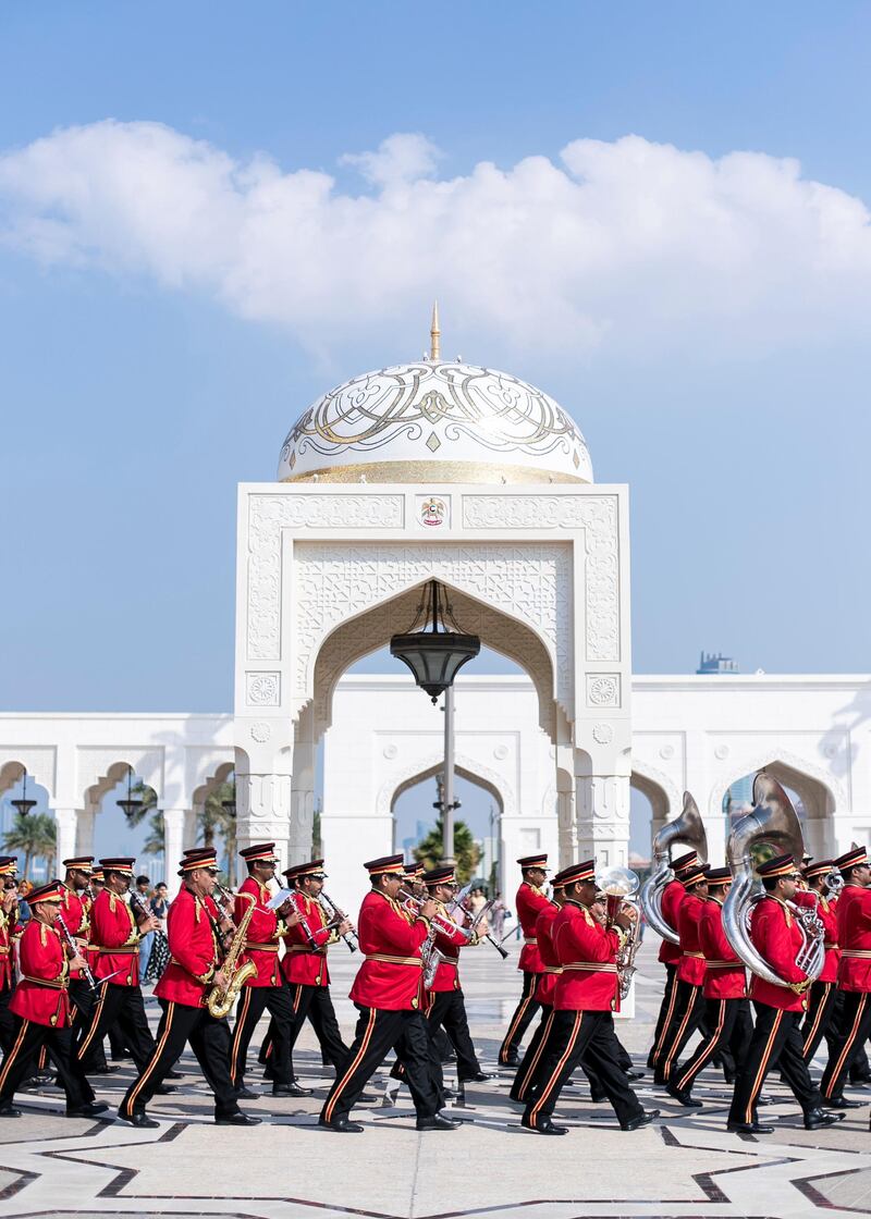 ABU DHABI, UNITED ARAB EMIRATES. 2 DECEMBER 2019. 
Abu Dhabi’s Police Band performs on UAE’s National Day celebrations at Qasr Al Watan.
(Photo: Reem Mohammed/The National)

Reporter:
Section: