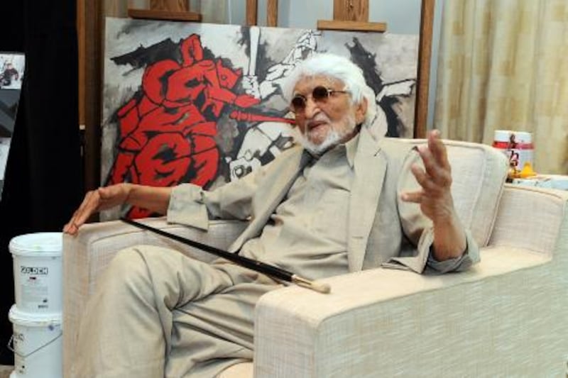 The Indian-born painter Maqbool (M) fida (F) Hussain speaking to The National at his Doha residence. 