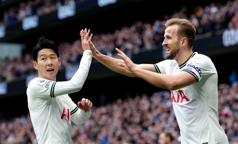 Harry Kane celebrates scoring Tottenham's first goal with Son Heung-min in the 3-1 Premier League win against Nottingham Forest at the Tottenham Hotspur Stadium on March 11, 2023. PA