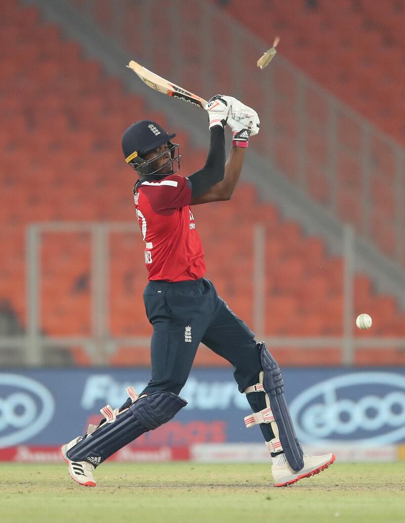 Jofra Archer breaks his bat hitting out towards the end of England's innnings.