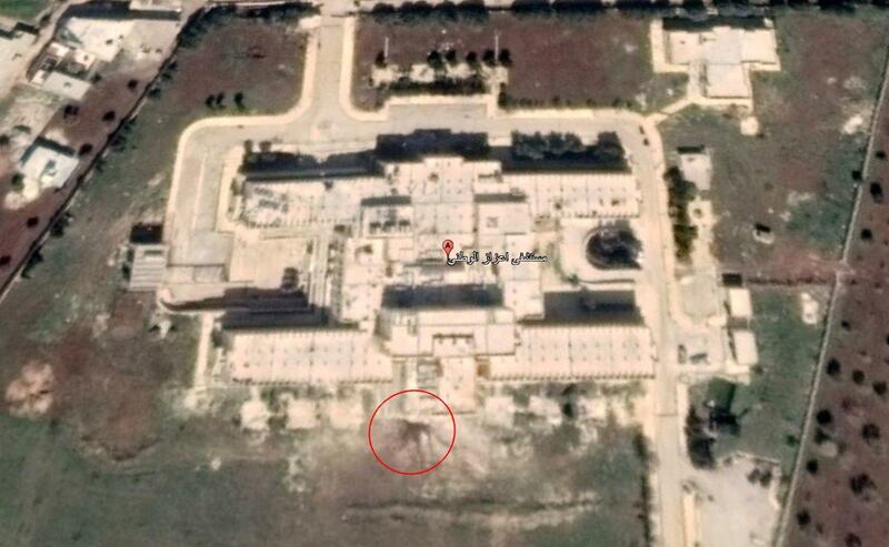 Google satellite imagery shows the aftermath of a Russian strike on Azaz National Hospital, north of Aleppo. 