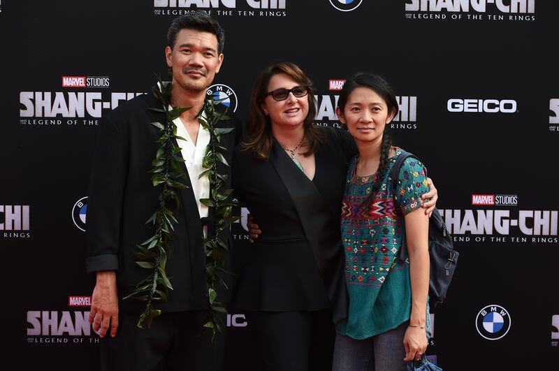 From left, director Destin Daniel Cretton, Victoria Alonso and Chloe Zhao at the premiere of 'Shang-Chi and the Legend of the Ten Rings' on August 16, 2021.