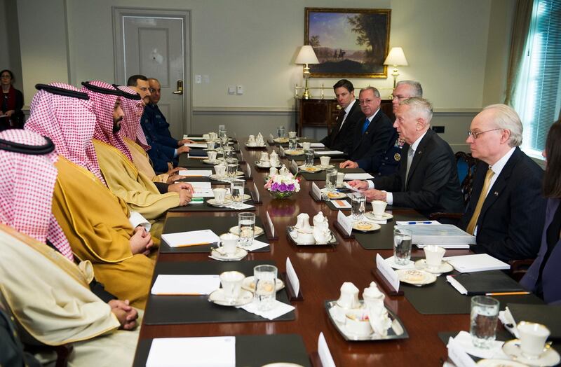 Defense Secretary Jim Mattis, center right, meets with  Saudi Crown Prince Mohammed bin Salman, center left, at the Pentagon in Washington, Thursday, March 22, 2018. (AP Photo/Cliff Owen)