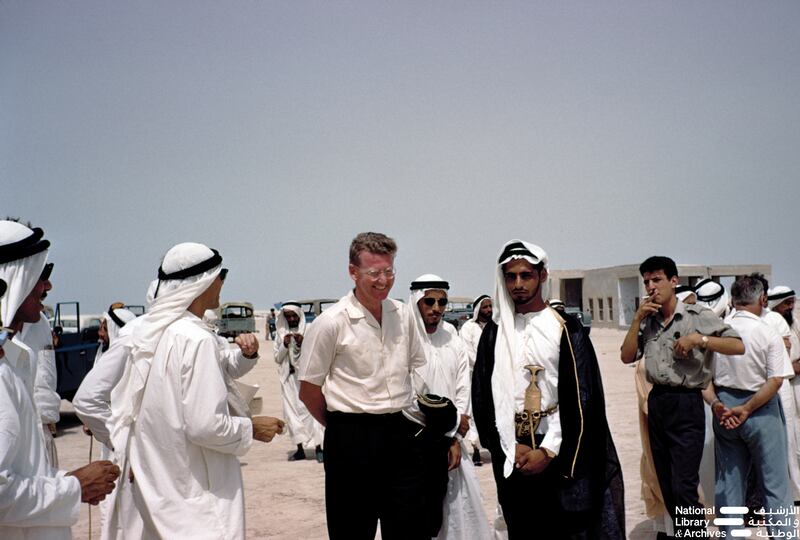 Sheikh Sultan bin Shakhbut Al Nahyan with Alan Horan awaiting the arrival of Sheikh Shakhbout, Ruler of Abu Dhabi. Photo: Dr Alan Horan © UAE National Library and Archives
