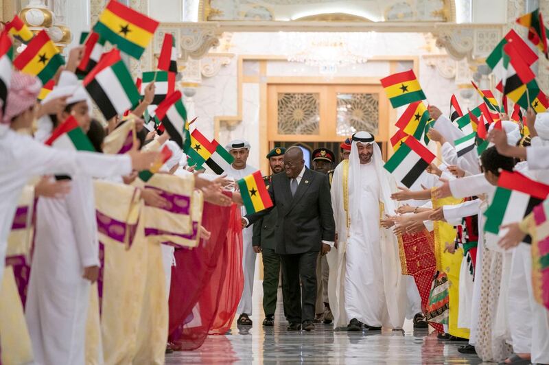 Sheikh Mohamed bin Zayed, Crown Prince of Abu Dhabi and Deputy Supreme Commander of the UAE Armed Forces, receives President Nana Akufo-Addo of Ghana at Qasr Al Watan on Monday. Courtesy Ministry of Presidential Affairs