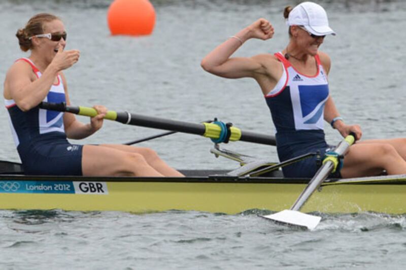 Helen Glover and Heather Stanning celebrate winning Great Britain's first gold medal at London 2012
