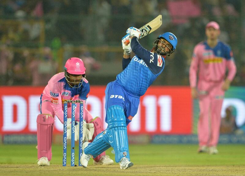 Delhi Capitals cricketer Rishabh Pant plays a shot during the 2019 Indian Premier League (IPL) Twenty20 cricket match between Delhi Capitals  and Rajasthan Royals at the Sawai Mansingh Stadium in Jaipur on  April 22, 2019. (Photo by Sajjad HUSSAIN / AFP) / ----IMAGE RESTRICTED TO EDITORIAL USE - STRICTLY NO COMMERCIAL USE----- / GETTYOUT