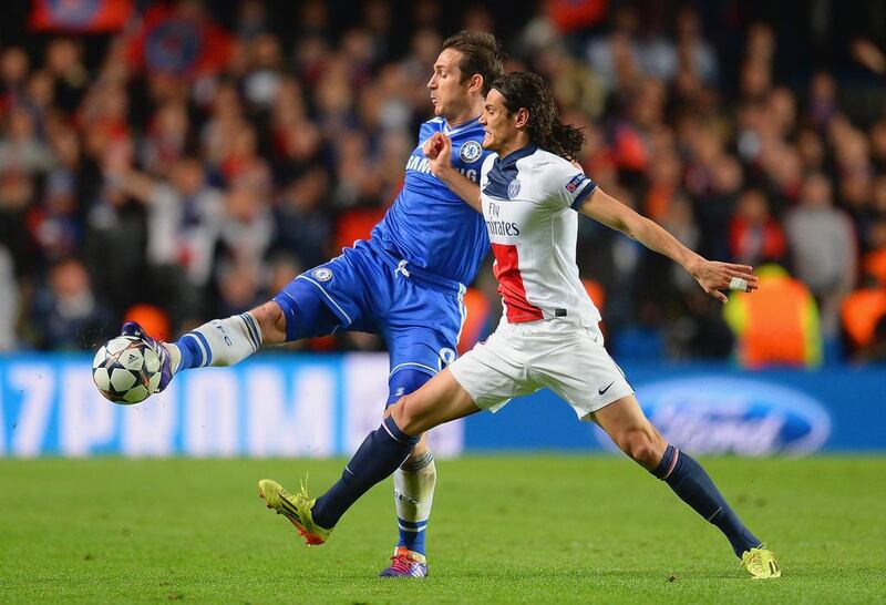Frank Lampard of Chelsea and Edinson Cavani of Paris Saint-Germain battle for the ball during Tuesday night's Champions League match. Mike Hewitt / Getty Images / April 8, 2014