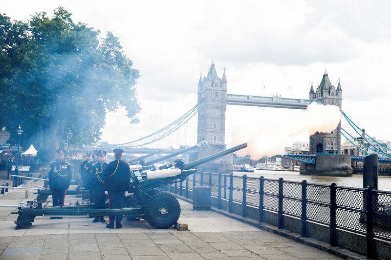 Members of the Honourable Artillery Company perform a gun salute during celebrations to mark the platinum jubilee of Britain's Queen Elizabeth II, at the Tower of London. Reuters