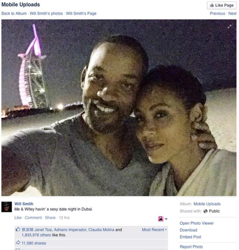 A photo from Will Smith’s Facebook account shows him and his wife Jada Pinkett enjoy romantic dinner date in Dubai.