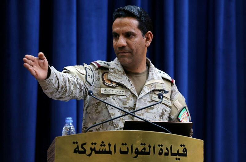 Official spokesperson for the Saudi-led coalition fighting in Yemen, Colonel Turki Al-Malik speaks during a news conference, in Riyadh, Saudi Arabia September 16, 2019. REUTERS/Ahmed Yosri NO RESALES. NO ARCHIVES.