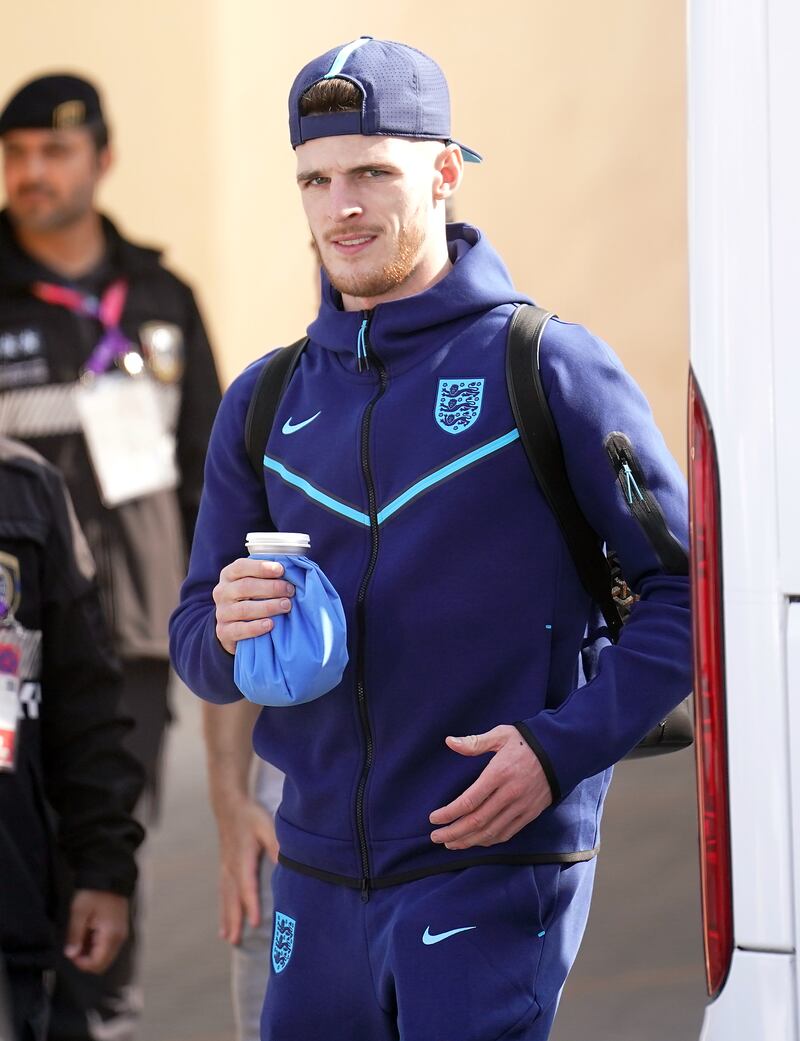 England's Declan Rice holding an ice pack outside the Souq Al Wakra hotel. PA