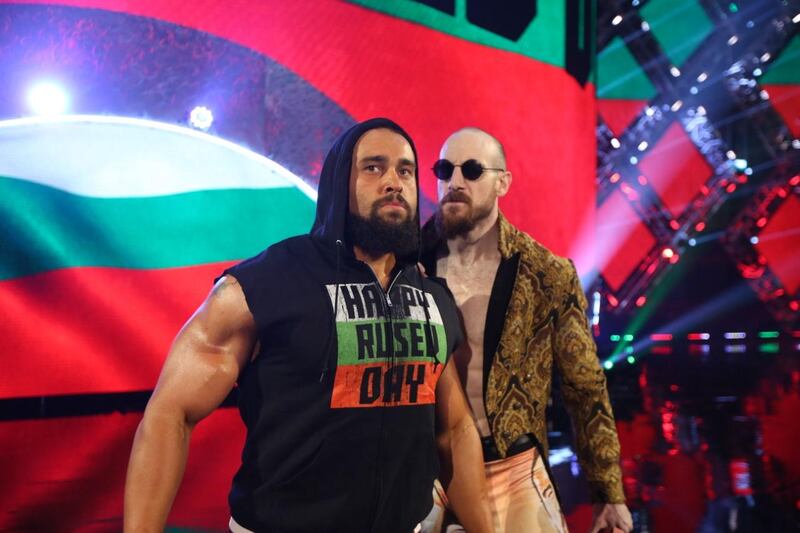 Rusev, left, with Aiden English, will go up against the Undertaker at the Greatest Royal Rumble on April 27 in Jeddah. WWE