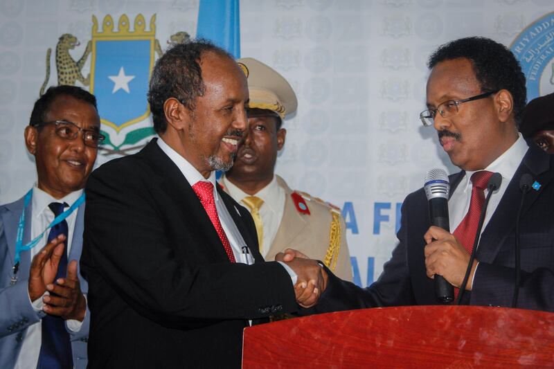 Hassan Sheikh Mohamud celebrates his triumph at the Halane military camp in Mogadishu. AP Photo