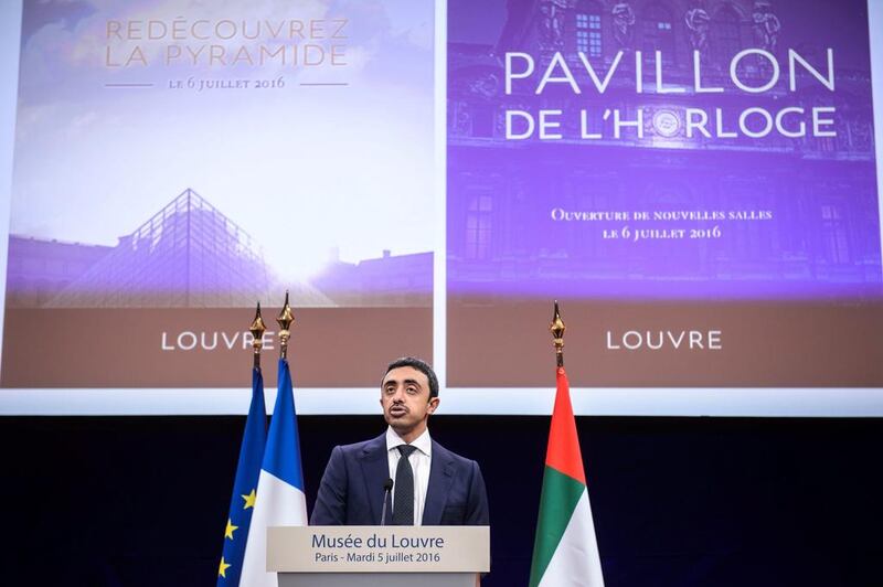 Sheikh Abdullah bin Zayed makes a speech at the Louvre museum. Christophe Petit Tesson / AFP