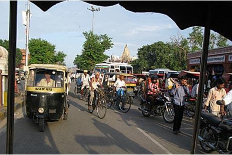 A view from the back of Sagar's auto-rickshaw.