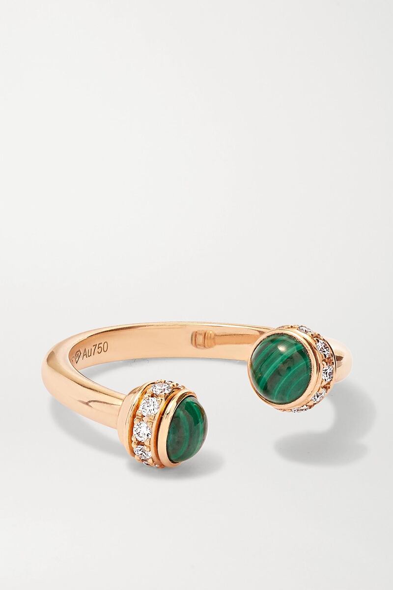 Possession malachite and diamond ring, Dh11,417, Piaget at Net A Porter. Courtesy Net A Porter