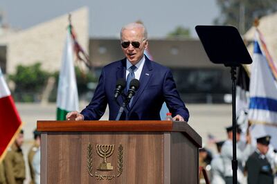 US  President Joe Biden speaks at welcome ceremony at Ben Gurion International Airport in Lod, near Tel Aviv, on July 13. Reuters