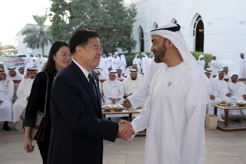 ABU DHABI, UNITED ARAB EMIRATES - November 12, 2018: HH Sheikh Mohamed bin Zayed Al Nahyan Crown Prince of Abu Dhabi Deputy Supreme Commander of the UAE Armed Forces (R), receives executives from top international and regional oil and gas companies, during a Sea Palace barza. 
( Hamad Al Kaabi / Ministry of Presidential Affairs )?
---