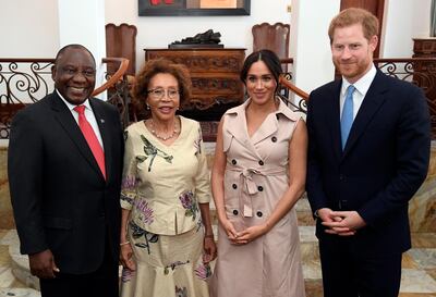 epa07889379 Britain's Prince Harry, Duke of Sussex and Meghan, Duchess of Sussex, meet with SouthÂ Africa'sÂ PresidentÂ Cyril Ramaphosa and hisÂ wifeÂ Tshepo Motsepe at Presidential Official Residence in Pretoria, South Africa 02 October 2019. The Duke and Duchess of Sussex are on an official visit to South Africa.  EPA/TOBY MELVILLE / REUTERS / POOL