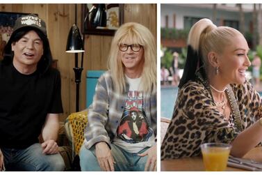 Wayne and Garth reunited for Uber Eats, while Gwen Stefani let us know she knows we think her romance with Blake Shelton was an unlikely match in this year's Super Bowl commercials. Courtesy Uber Eat, T-Mobile